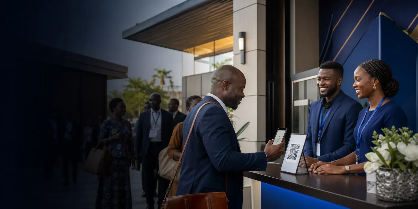Guests using QR check-in at a professional event